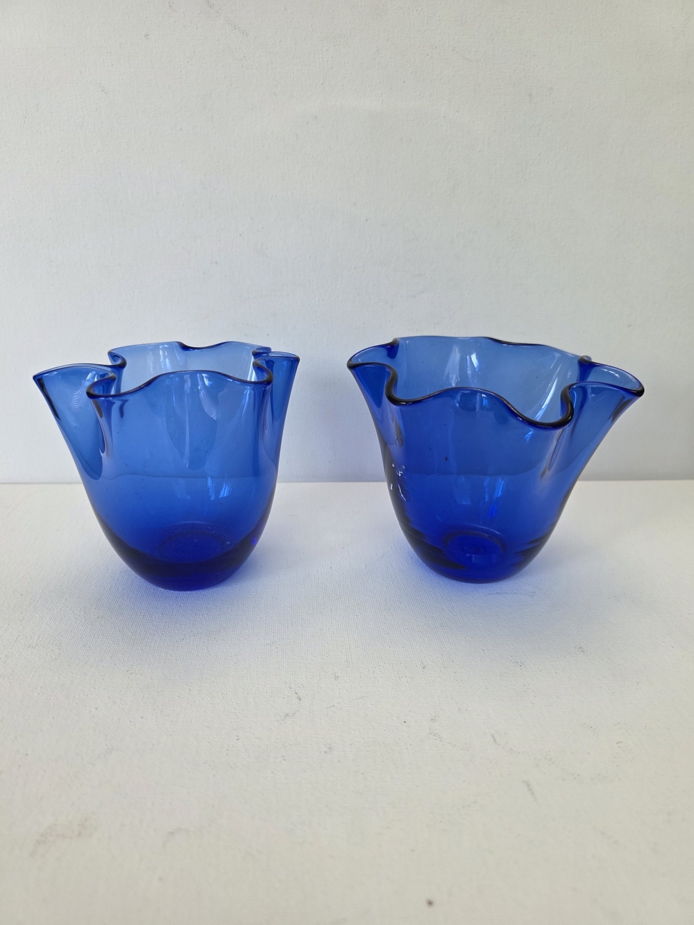 Pair of Cobalt Blue Ruffled Glass Vases - Unbranded